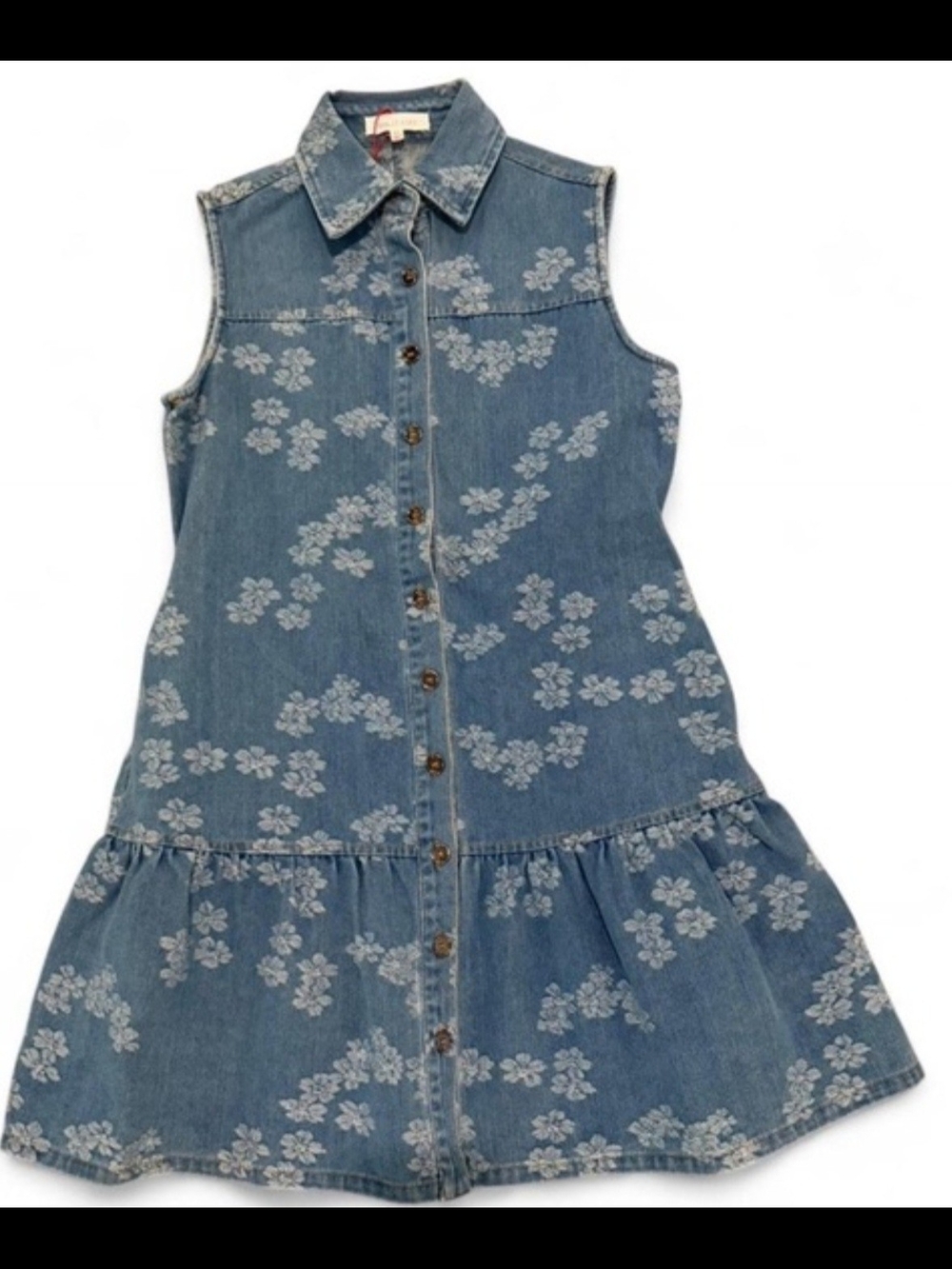 Solitaire Blue Denim Sleeveless Dress with White Floral Print